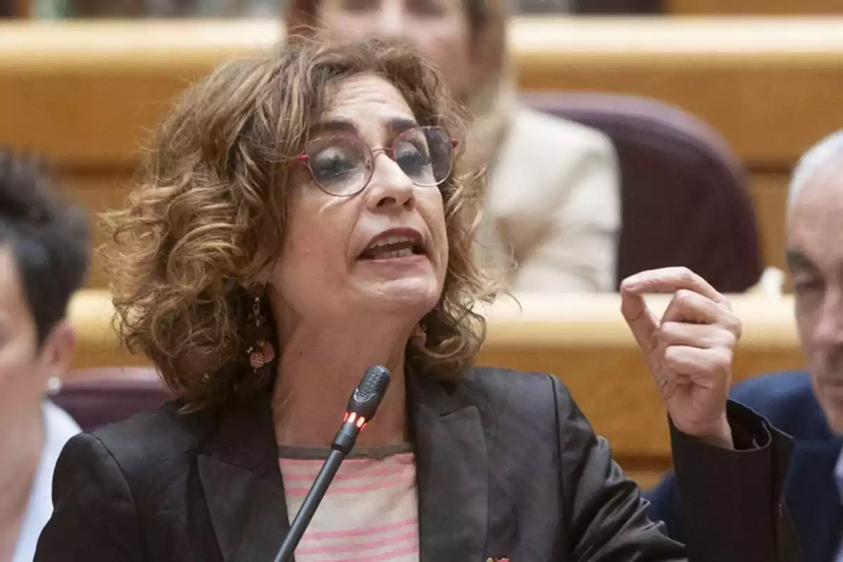 Mujer de cabello rizado y gafas hablando en un micrófono durante una sesión parlamentaria Mujer de cabello rizado y gafas hablando en un micrófono durante una sesión parlamentaria