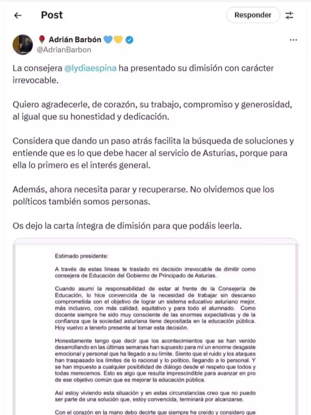 Publicación en la que Adrián Barbón informa sobre la dimisión irrevocable de la consejera Lydia Espina, agradeciéndole su trabajo y dedicación, y adjunta la carta íntegra de renuncia dirigida al presidente Publicación en la que Adrián Barbón informa sobre la dimisión irrevocable de la consejera Lydia Espina, agradeciéndole su trabajo y dedicación, y adjunta la carta íntegra de renuncia dirigida al presidente