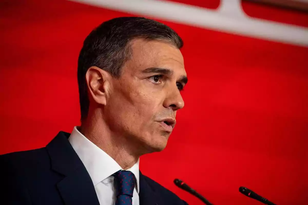 Hombre de cabello corto y canoso hablando frente a micrófonos con fondo rojo Hombre de cabello corto y canoso hablando frente a micrófonos con fondo rojo