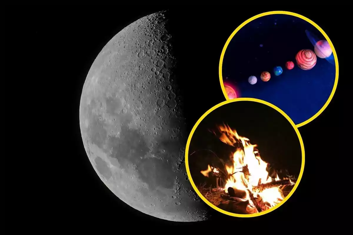 montaje de la Luna con dos recortes de una hoguera y una alineación planetaria