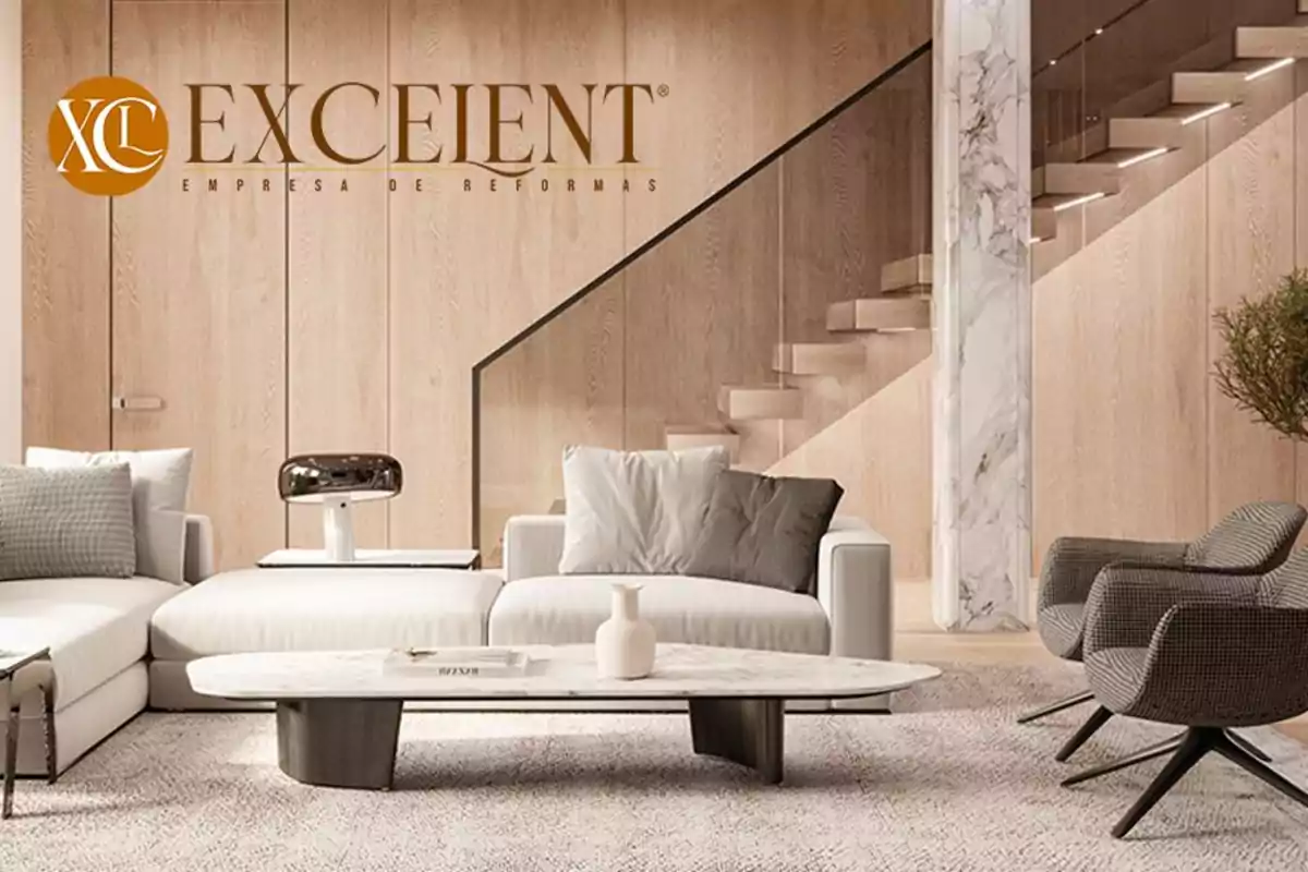 Sala de estar moderna con muebles elegantes y decoración minimalista, destacando un logotipo de la empresa "Excelent" en la parte superior.