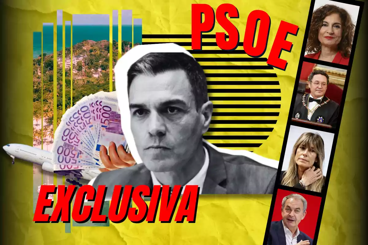 Una imagen con un collage que incluye un retrato en blanco y negro de un hombre, billetes de euro, un avión, un paisaje tropical y varias fotos de personas en un fondo amarillo con texto en rojo que dice "PSOE" y "EXCLUSIVA".