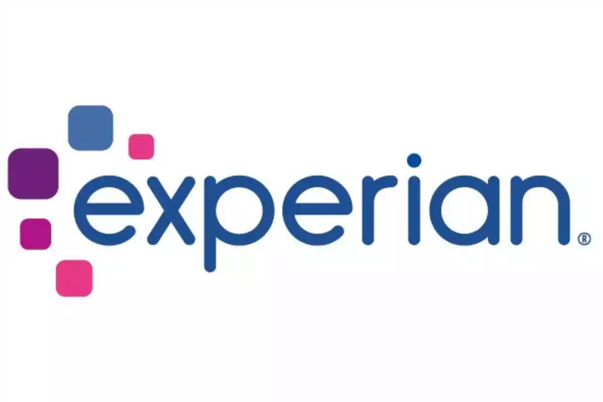 Logotipo de Experian con texto azul y cuadrados de colores.