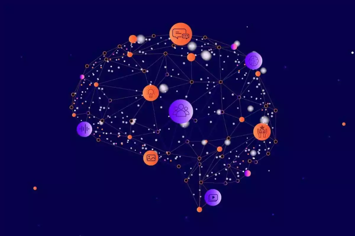 Illustration of a brain formed by a network of nodes connected with technology and communication icons on a dark blue background.