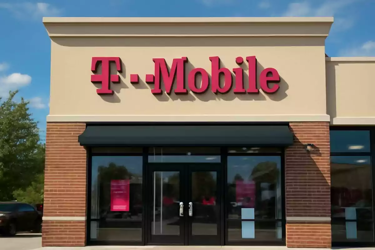 Fachada de una tienda de T-Mobile con un letrero grande y rosa sobre la entrada principal. Fachada de una tienda de T-Mobile con un letrero grande y rosa sobre la entrada principal.