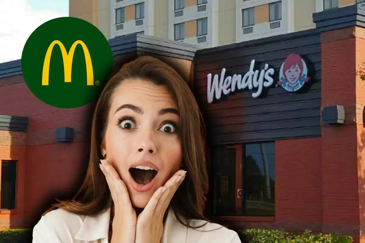 A woman with a surprised expression in front of a Wendy's restaurant with the McDonald's logo superimposed.