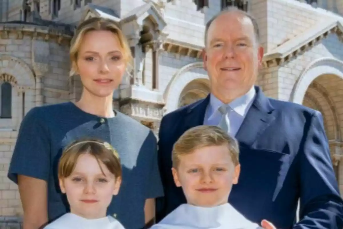Albert and Charlene of Monaco pose with their two children—Jacques and Gabriella—on the day of their First Communion.