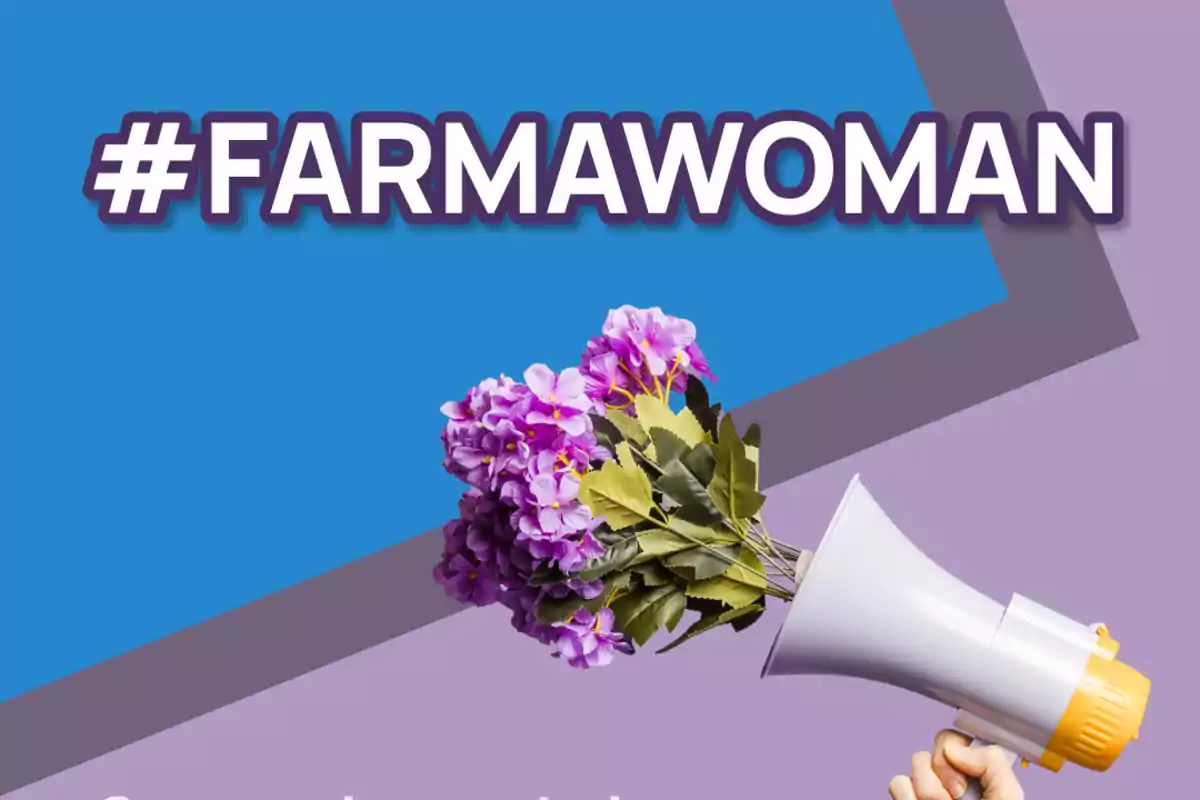 A hand holds a megaphone from which purple flowers emerge, with the text "#FARMAWOMAN" at the top.