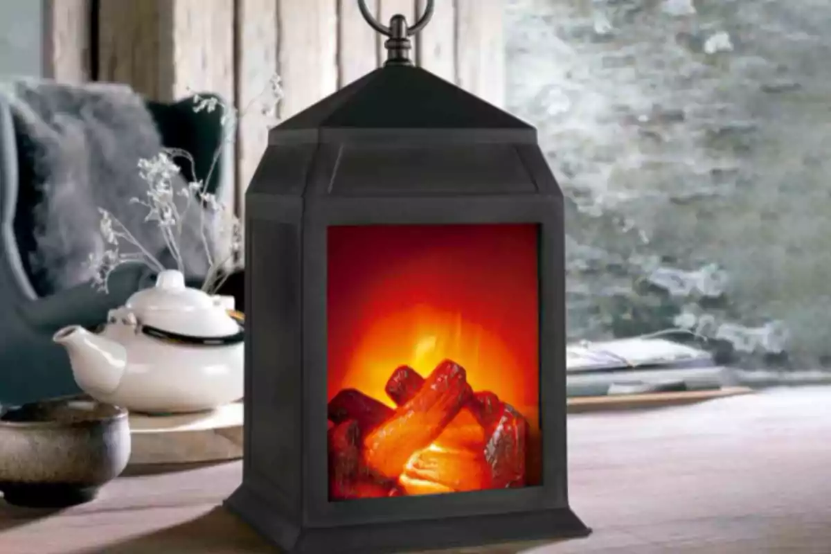 Una linterna decorativa con efecto de fuego encendido sobre una mesa de madera en un ambiente acogedor. Una linterna decorativa con efecto de fuego encendido sobre una mesa de madera en un ambiente acogedor.