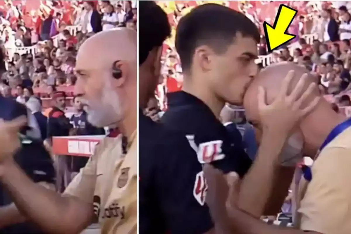 Un jugador de fútbol besa la cabeza de un hombre calvo con barba blanca en la banda durante un partido, mientras el público observa desde las gradas. Un jugador de fútbol besa la cabeza de un hombre calvo con barba blanca en la banda durante un partido, mientras el público observa desde las gradas.
