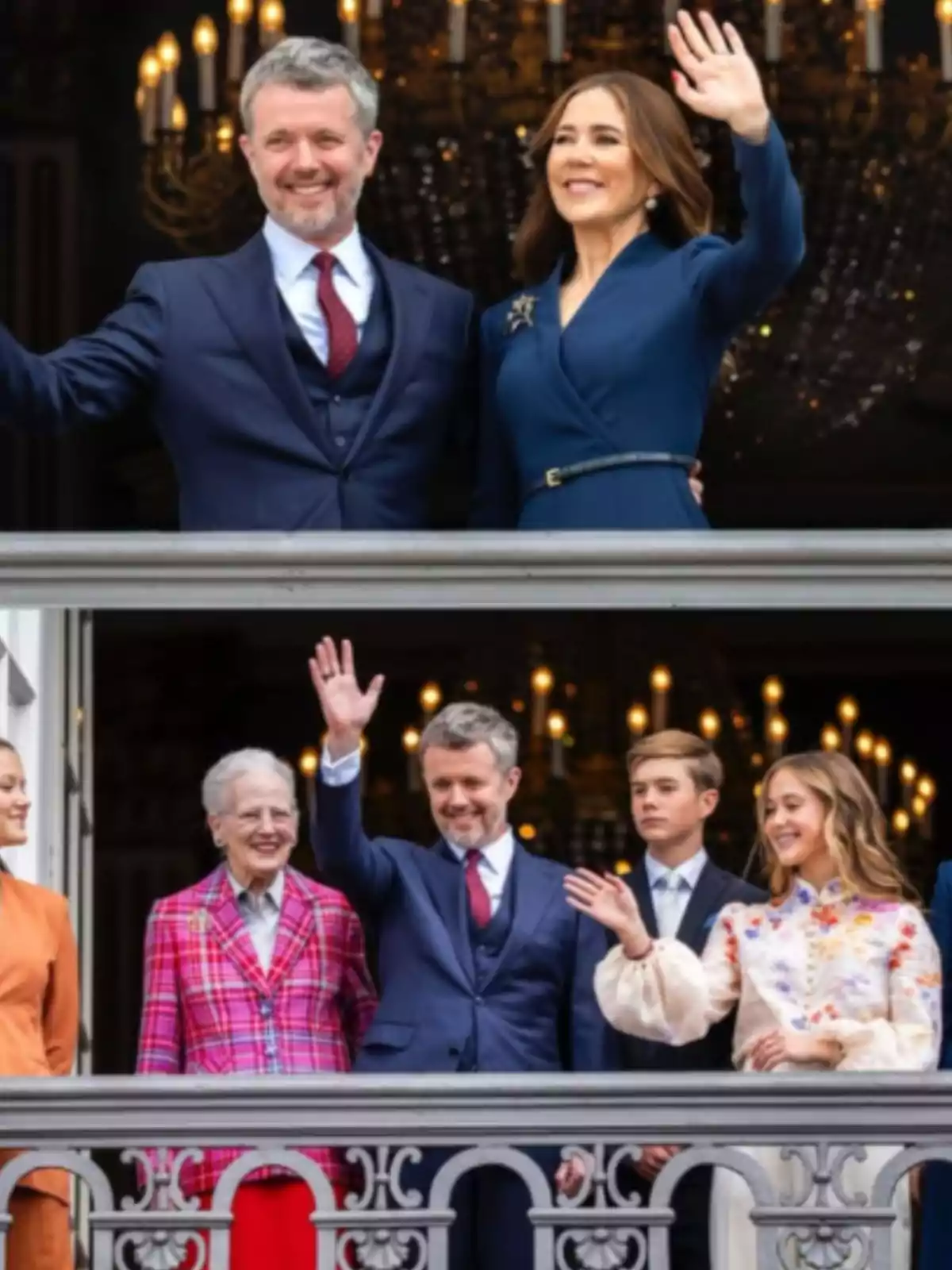Several elegantly dressed people wave from a decorated balcony, with a background of lamps and a festive atmosphere. Several elegantly dressed people wave from a decorated balcony, with a background of lamps and a festive atmosphere.