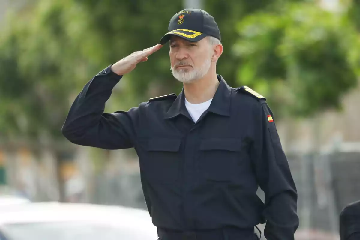 Felipe VI in naval uniform formally salutes while wearing a cap with insignias. Felipe VI in naval uniform formally salutes while wearing a cap with insignias.