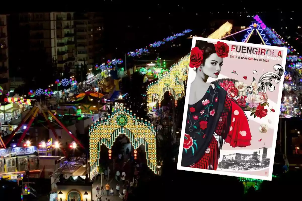 Imagen nocturna de una feria iluminada con un cartel de la Feria y Fiestas del Rosario en Fuengirola 2024 mostrando una mujer con flores en el cabello.