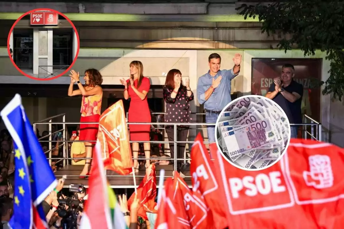 Un grupo de personas en un balcón saludan a una multitud que sostiene banderas del PSOE, con un recuadro que muestra billetes de 500 euros y otro que muestra la entrada de un edificio con el logo del partido.