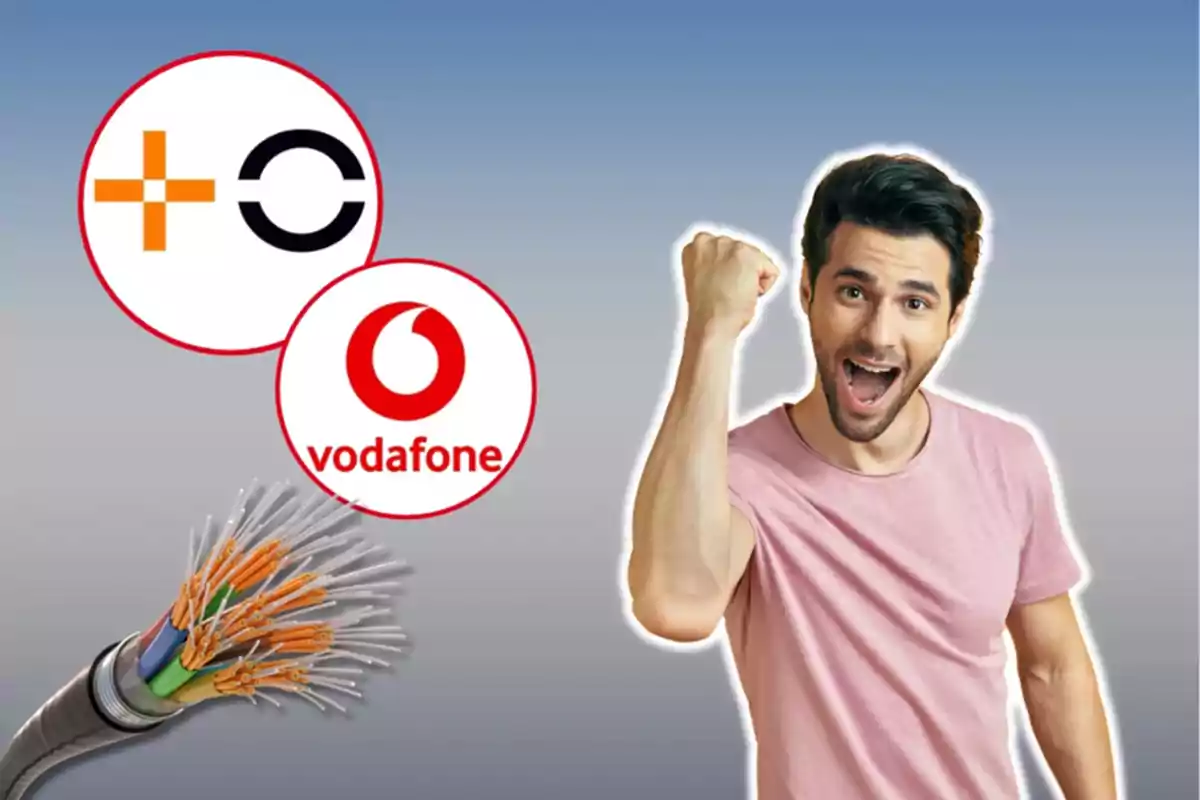 Hombre emocionado con logos de Vodafone y otra compañía de telecomunicaciones junto a un cable de fibra óptica.