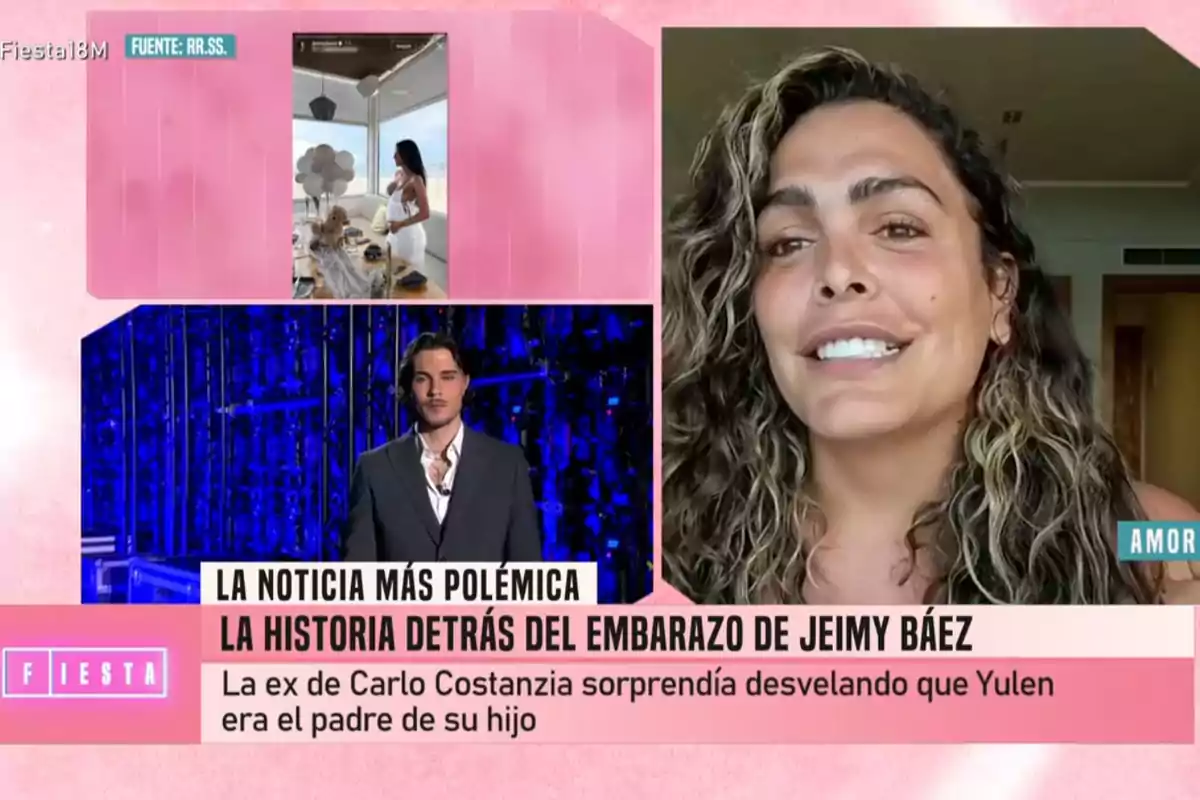 En la imagen se muestra un programa de televisión con Carlo Costanzia y Amor Romeira en videollamada, junto a un titular que menciona una noticia polémica sobre el embarazo de Jeimy Báez. Captura de 'Fiesta' En la imagen se muestra un programa de televisión con Carlo Costanzia y Amor Romeira en videollamada, junto a un titular que menciona una noticia polémica sobre el embarazo de Jeimy Báez. Captura de 'Fiesta'