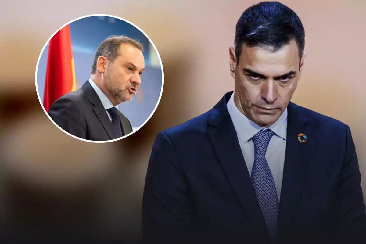 Un hombre con expresión seria en primer plano y un hombre hablando en un círculo superpuesto al fondo.