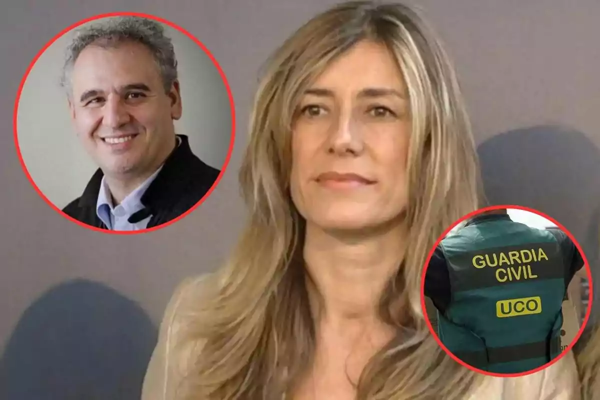 Una mujer rubia en primer plano con dos imágenes circulares superpuestas, una de un hombre sonriendo y otra de un uniforme de la Guardia Civil.