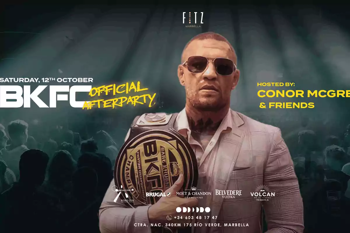 Cartel promocional de una fiesta oficial de BKFC en Marbella con un hombre sosteniendo un cinturón de campeonato y usando gafas de sol.