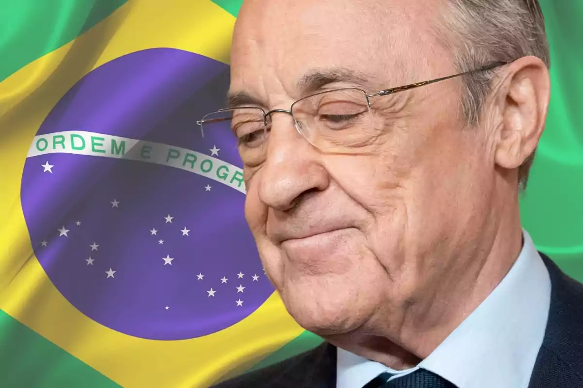 Florentino Pérez con una bandera de Brasil al fondo