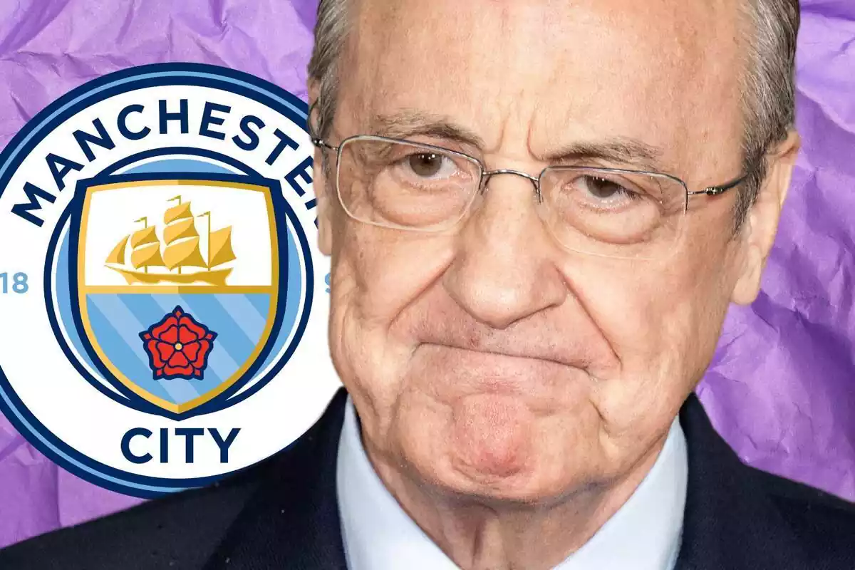 Florentino Pérez en primer plano mirando al frente con el escudo del Manchester City a su lado