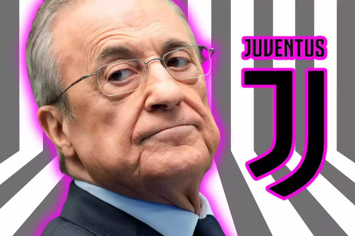 Un hombre mayor con gafas y expresión seria junto al logo de la Juventus en un fondo con rayas grises y detalles en rosa.