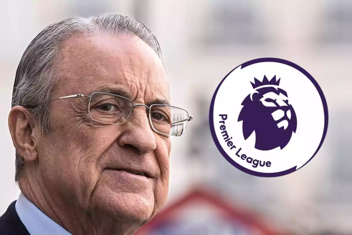 Florentino Pérez cara primer plano con escudo Premier League