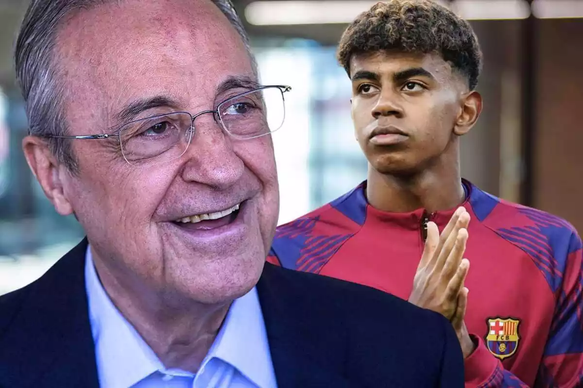 Florentino Pérez, feliz, al lado de Lamine Yamal mirando hacia un lado