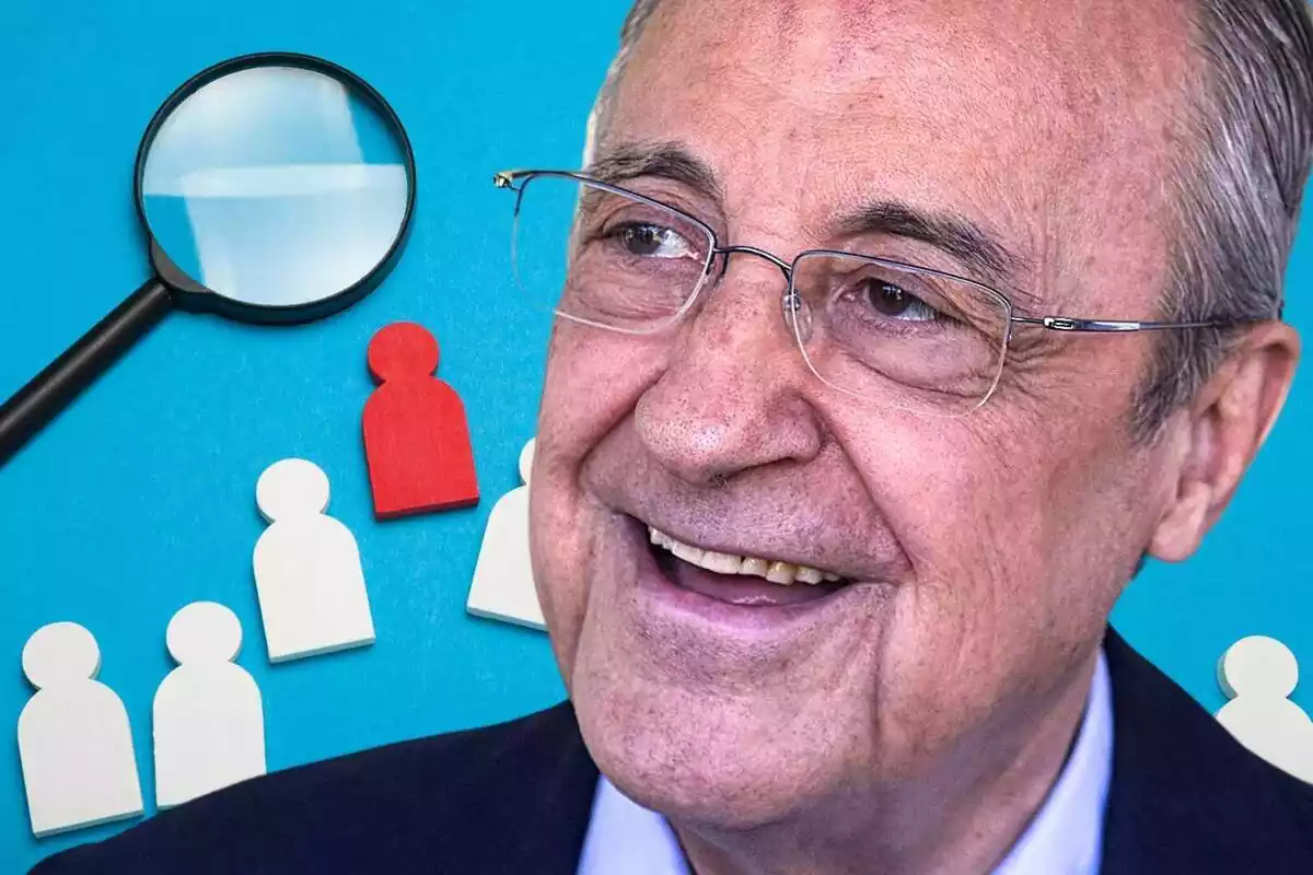 Florentino Pérez sonriendo sobre un fondo en el que aparece una lupa junto a varias figuras humanas