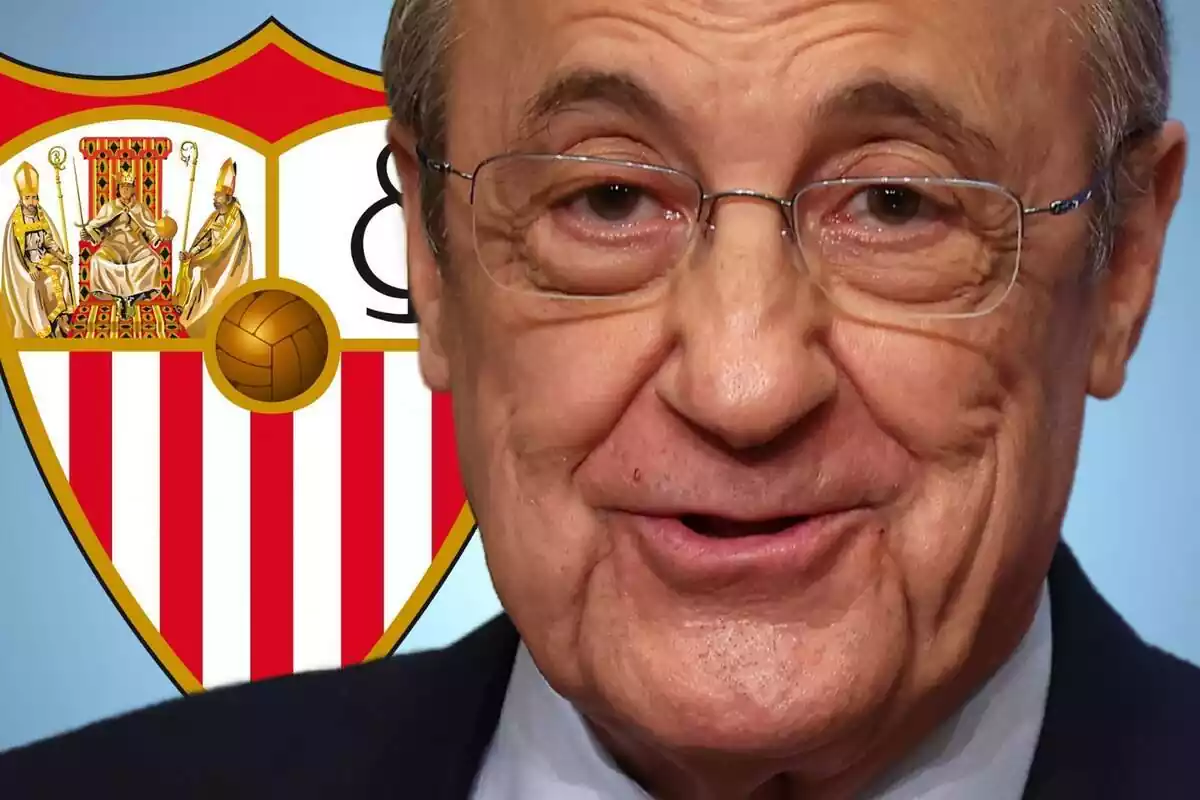 Florentino Pérez en primer plano con el escudo del Sevilla Fútbol Club al fondo