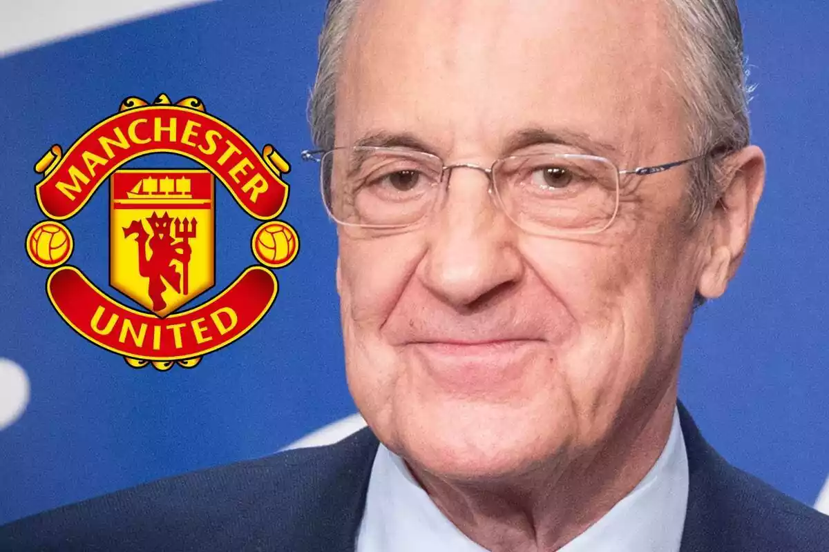 Florentino Pérez al lado del escudo del Manchester United