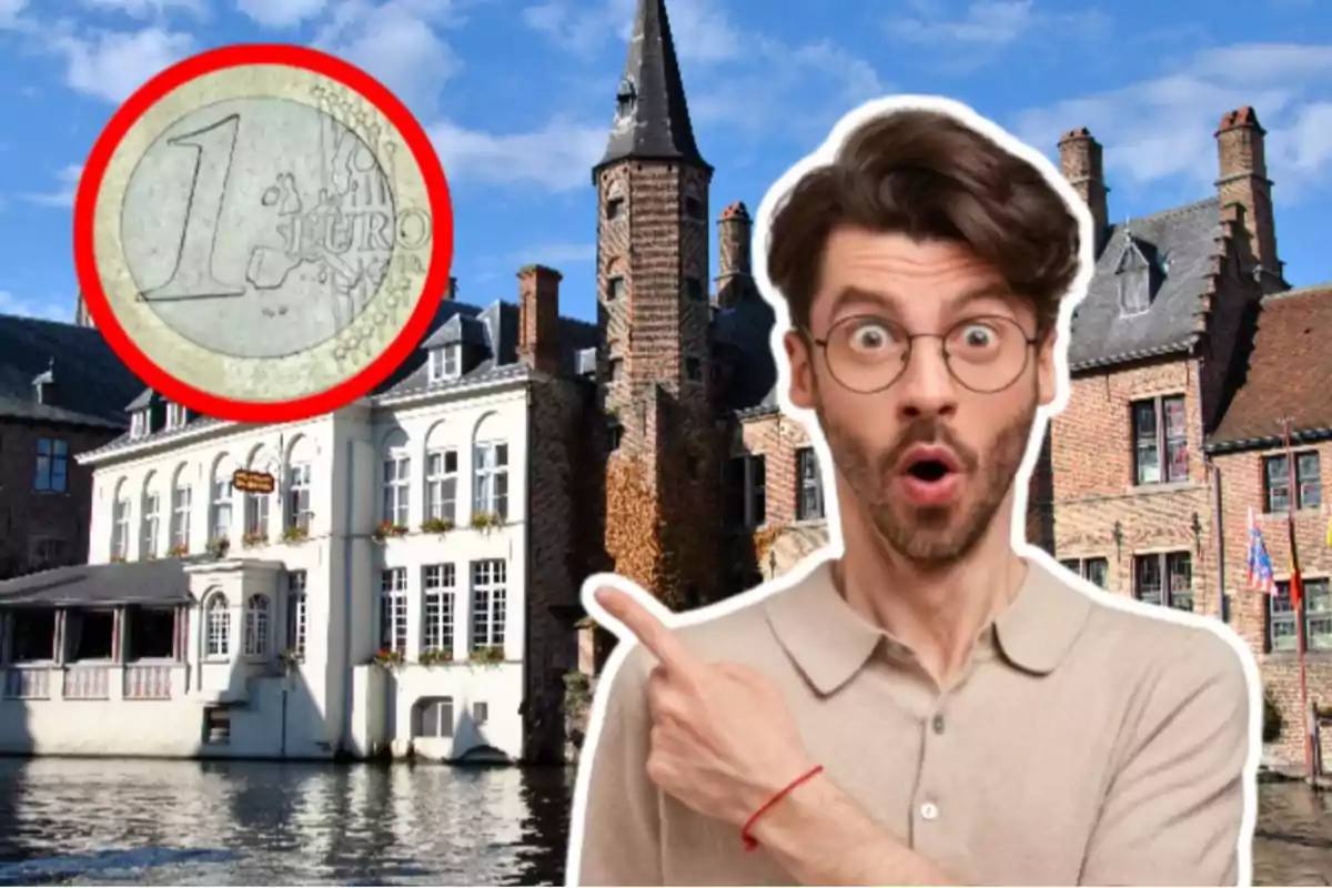 Un hombre sorprendido señala hacia un edificio histórico con un gran círculo rojo que contiene una moneda de un euro.