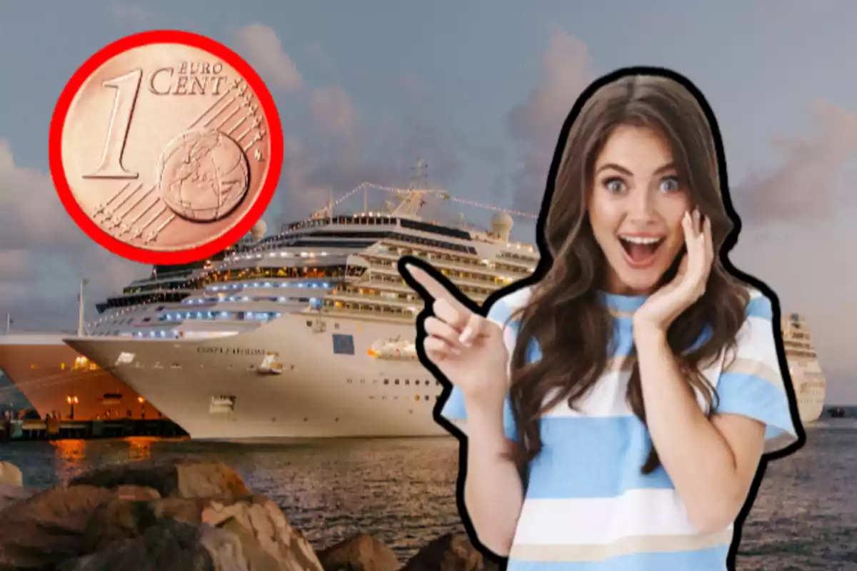 Una mujer emocionada señala hacia un gran crucero mientras una moneda de un céntimo de euro flota en el aire.