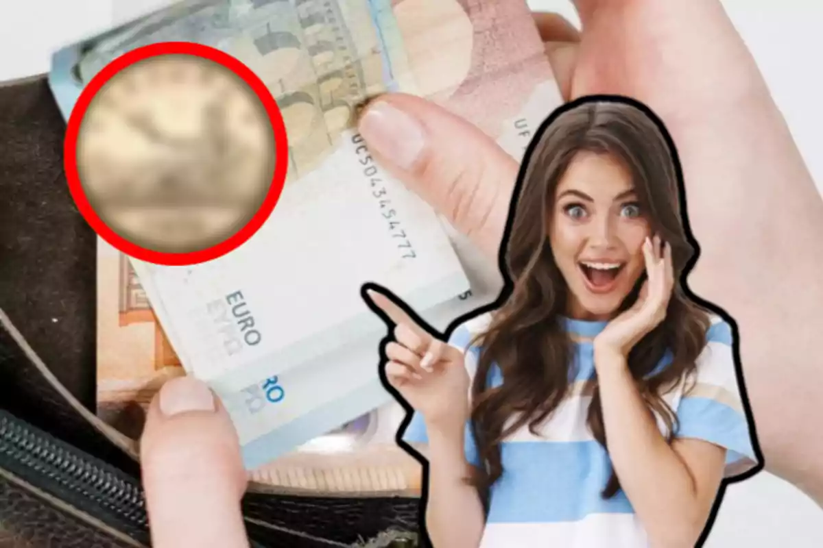 A smiling person points to a euro bill being taken out of a wallet.