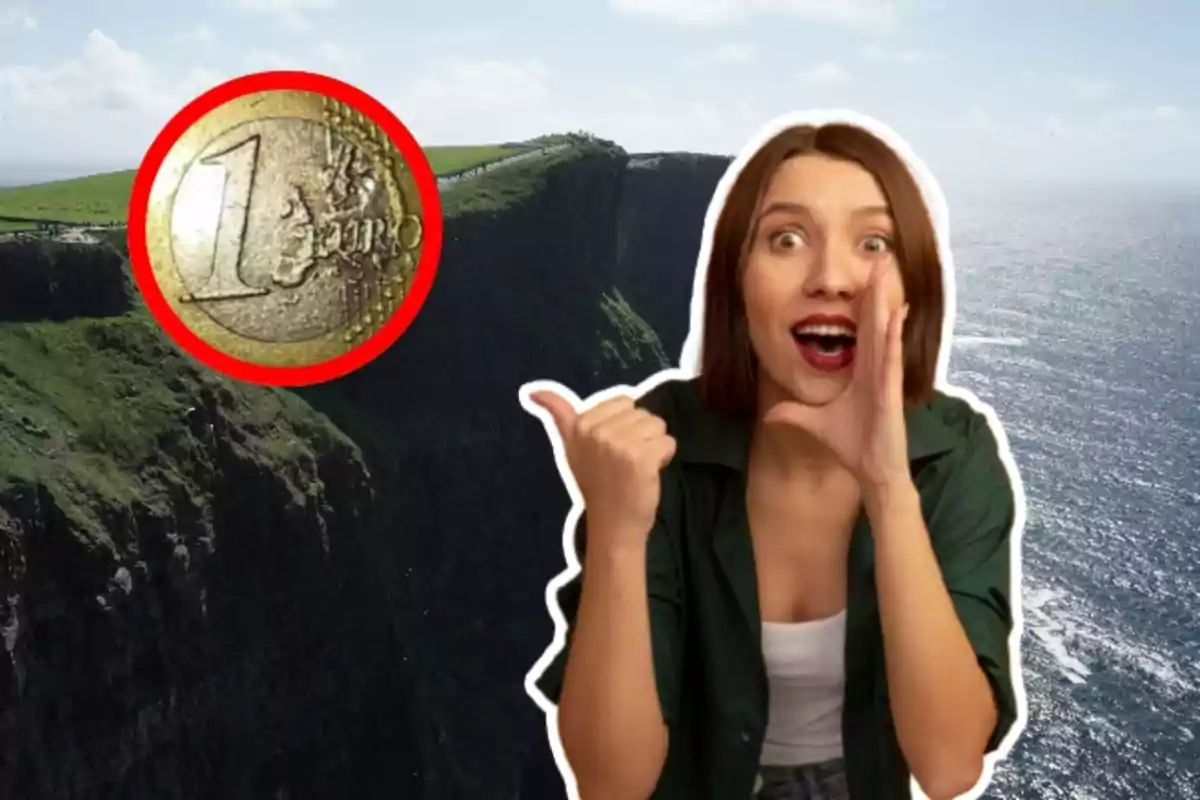 Una mujer emocionada señala un acantilado con un gran euro enmarcado en rojo.
