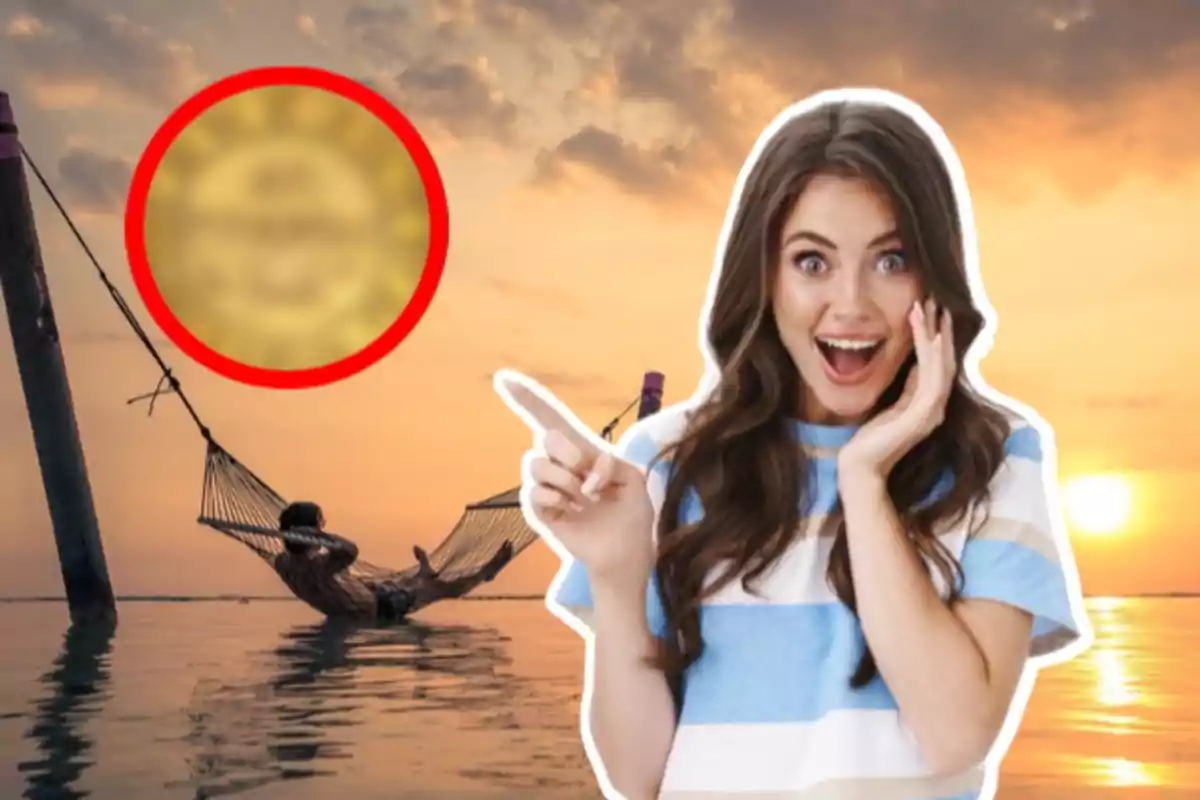 Una mujer sonriente señala hacia un hombre relajado en una hamaca sobre el agua al atardecer.