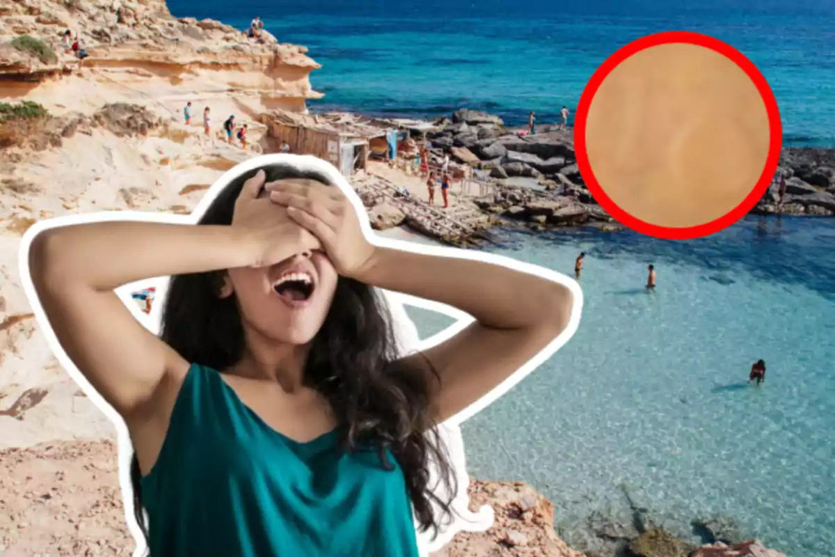 Una mujer con los ojos cubiertos en una playa rocosa con agua cristalina y un círculo rojo en la esquina superior derecha.