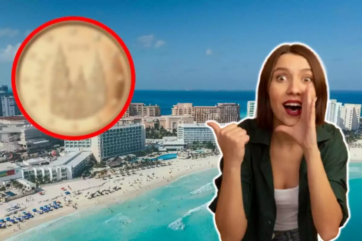 An excited woman points toward a beach landscape with buildings in the background and a red circle highlights a blurry object in the upper left corner.