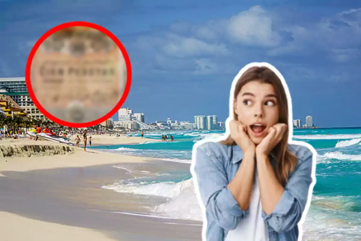 Una mujer sorprendida en la playa con un billete desenfocado en un círculo rojo.