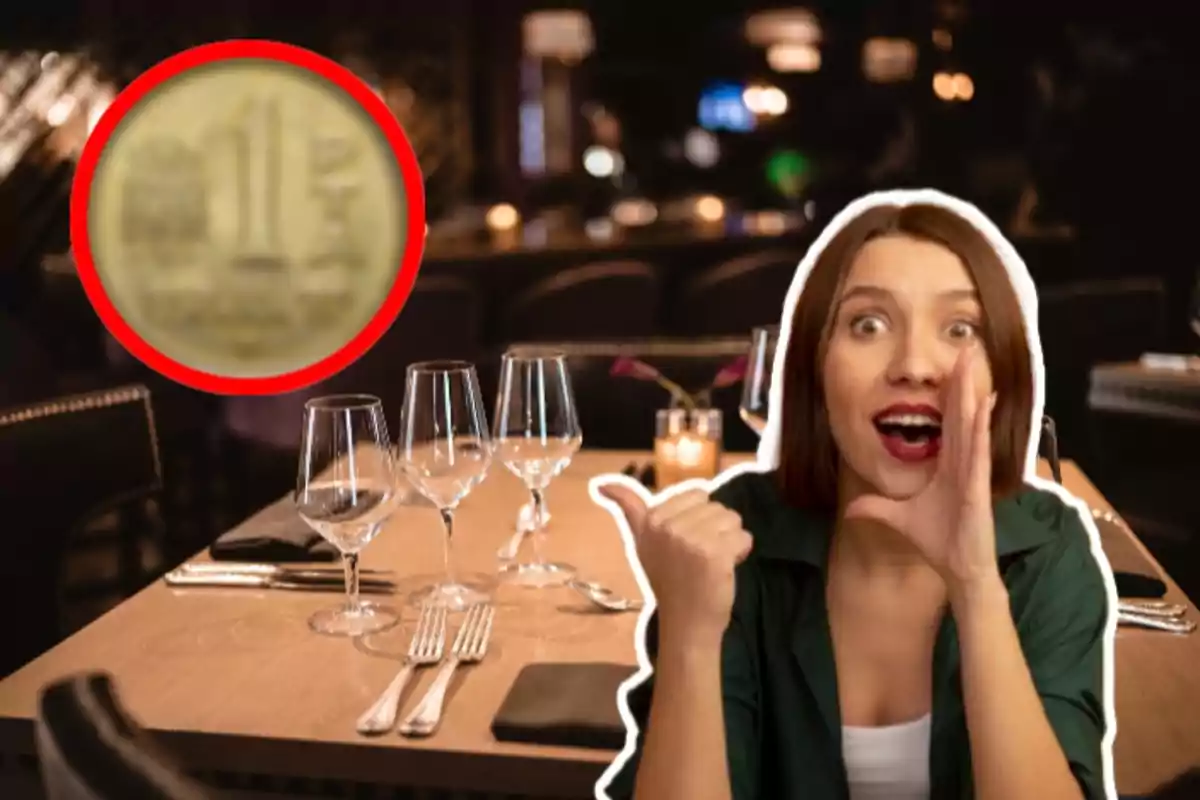 Una mujer emocionada señala hacia una moneda en un restaurante elegante.