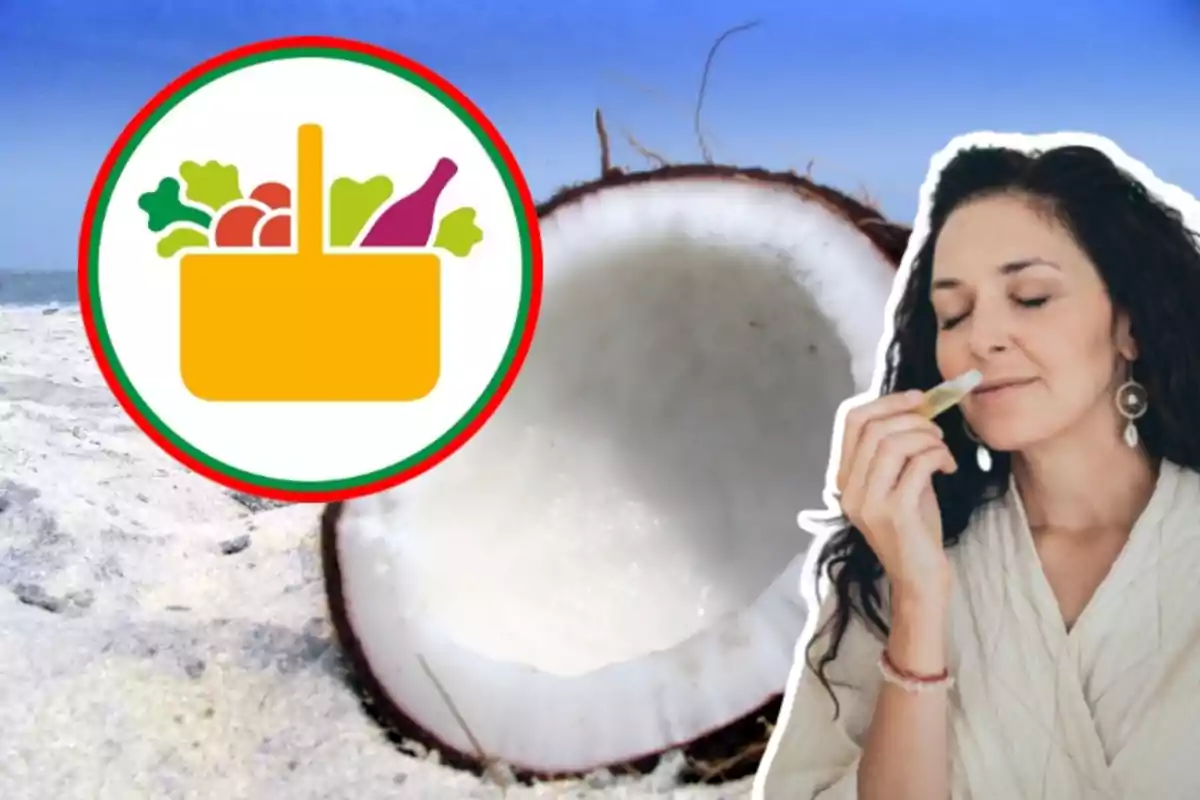 Una mujer con los ojos cerrados sostiene un frasco cerca de su nariz, al fondo hay una playa con un coco partido y un icono de cesta de alimentos. Una mujer con los ojos cerrados sostiene un frasco cerca de su nariz, al fondo hay una playa con un coco partido y un icono de cesta de alimentos.