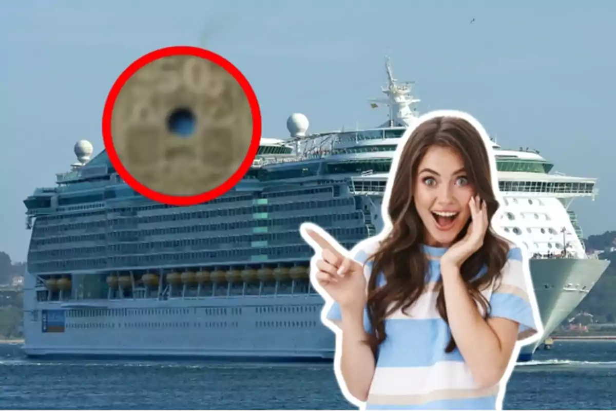 Una mujer sonriente señala emocionada hacia un gran crucero en el mar con un círculo rojo resaltando un detalle en la imagen.