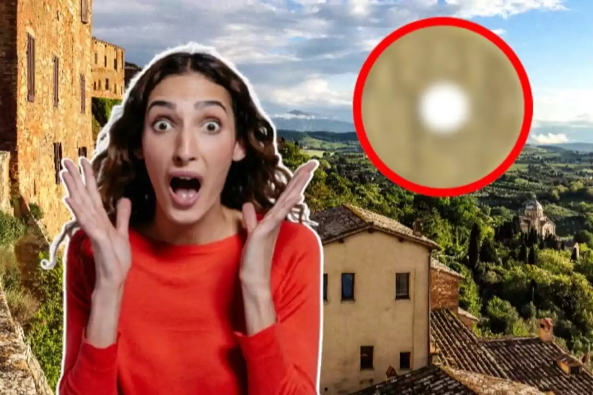 Una mujer con expresión de sorpresa está frente a un paisaje rural con edificios antiguos y un círculo rojo resaltando un área en el cielo.