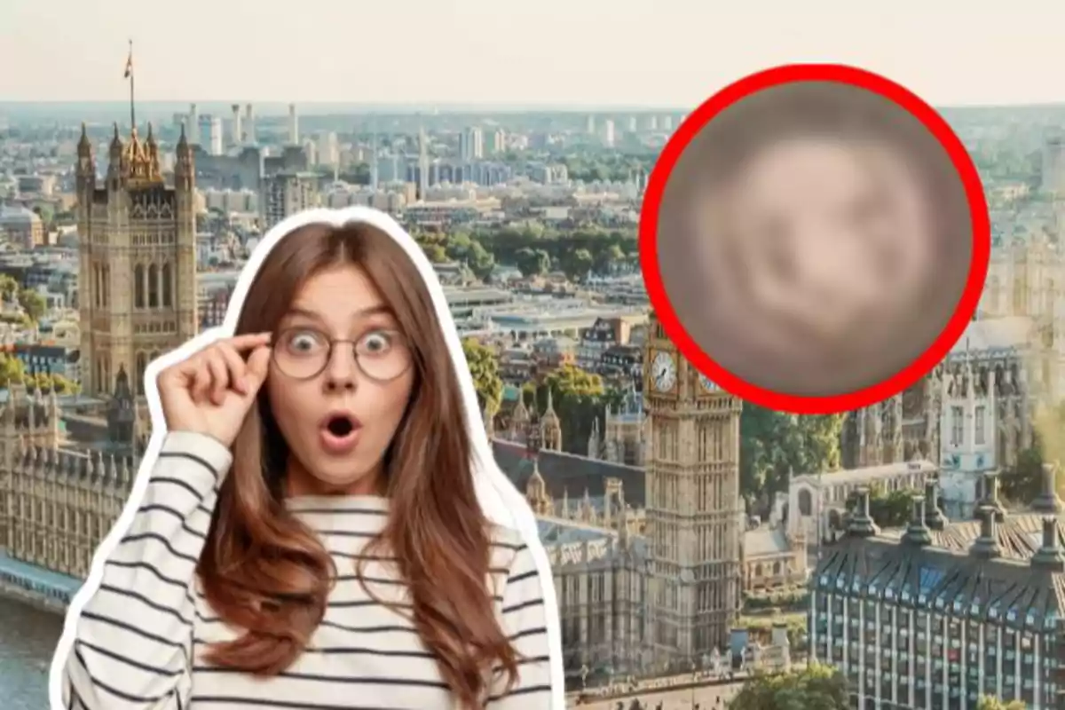 Una mujer con expresión de sorpresa y gafas está frente a un fondo de la ciudad de Londres, con el Big Ben visible, mientras un círculo rojo resalta un área borrosa en el cielo.
