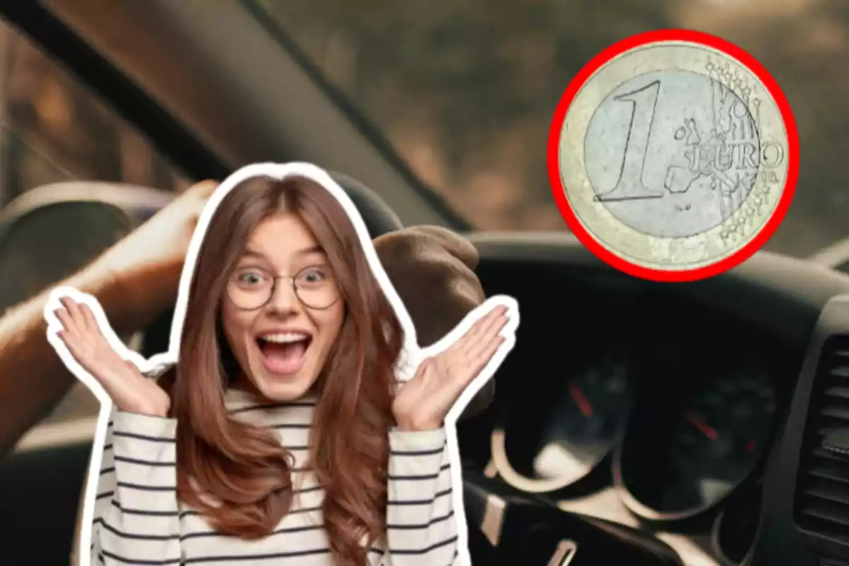 Una persona con expresión de sorpresa y felicidad junto a una moneda de un euro sobre un fondo de interior de automóvil.