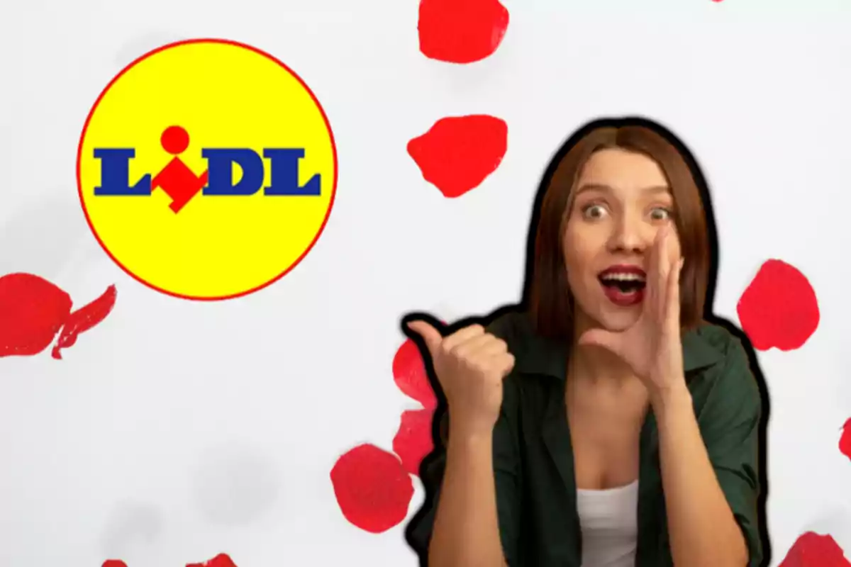 Una mujer emocionada gesticula con la mano cerca de su boca, con el logotipo de Lidl y pétalos rojos en el fondo.