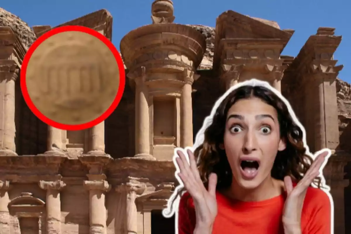 Mujer sorprendida frente a una estructura antigua con un círculo rojo resaltando un detalle arquitectónico.