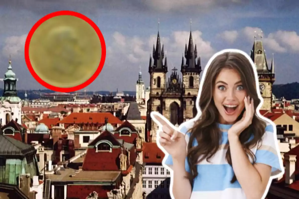 An excited woman points to a blurry object in the sky over a city with historic architecture.