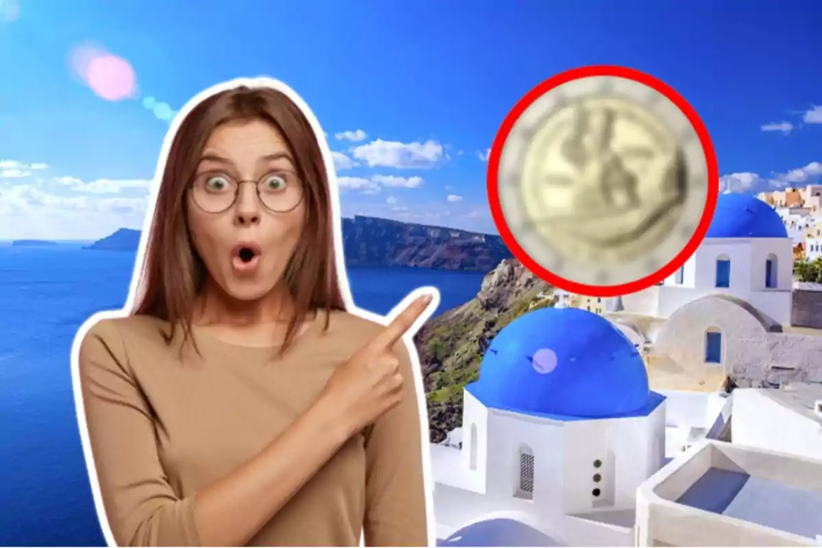 Una mujer con expresión de sorpresa señala hacia un paisaje de casas blancas con cúpulas azules en Santorini, Grecia, mientras un objeto borroso está resaltado en un círculo rojo.