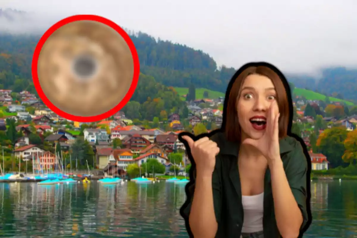 A woman excited with a background of a village by a lake and a blurry circle in the upper left corner.